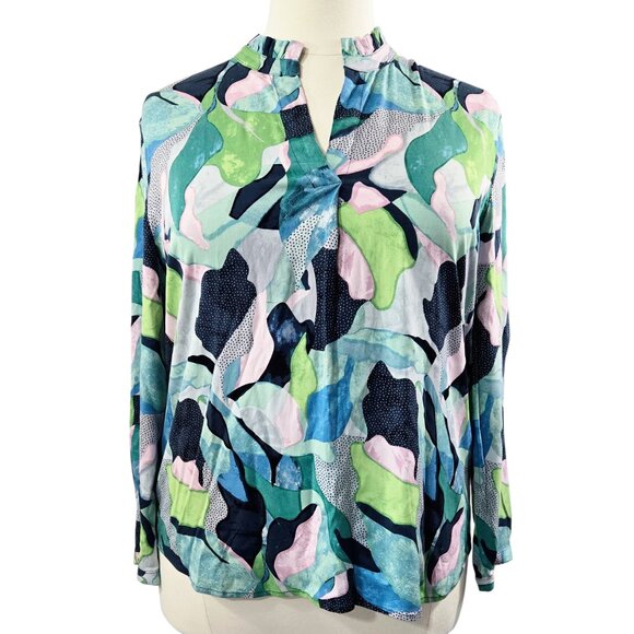 NIC+ZOE Tops - Nic+Zoe Frozen Tundra Green Blue Split Neck Top Artsy Art to Wear